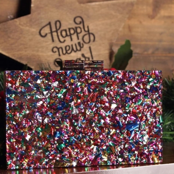Abstract Multicolor Confetti Glitter Hard Clutch Box Purse Crossbody Chain Bag - Picture 11 of 13